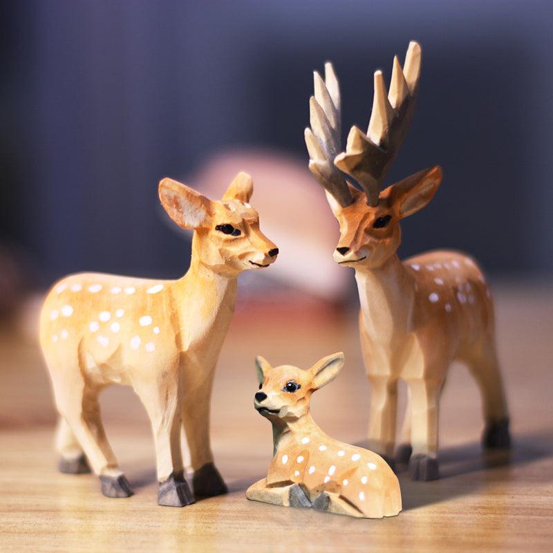 Deer Figurines Hand Carved Painted Wooden