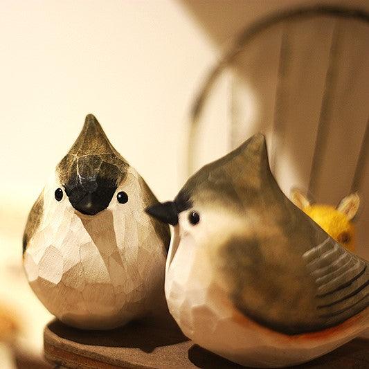 Tufted Titmouse Figurines Hand Carved Painted Wooden