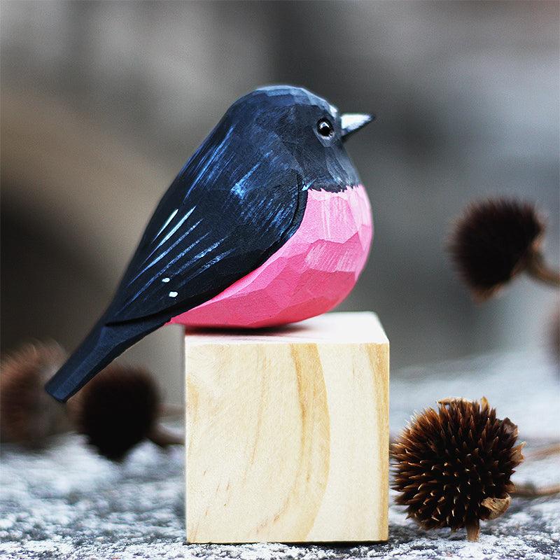 Pink Robin Bird Figurines Hand Carved Painted Wooden