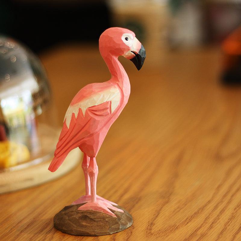 Figuras de pájaros flamencos tallados a mano de madera pintada