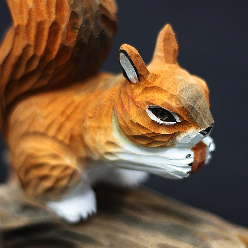 Squirrel Figurines Hand Carved Painted Wooden