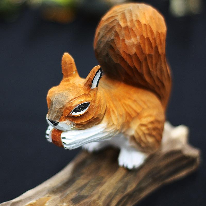 Squirrel Figurines Hand Carved Painted Wooden