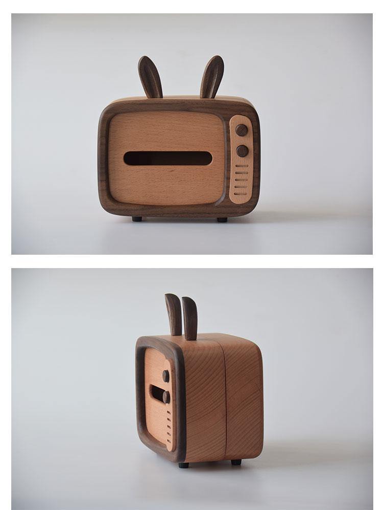 Retro TV caja de pañuelos cubierta de madera hecha a mano conejo decoración del hogar