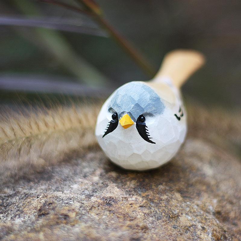 Bearded Tit Figurines Hand Carved Painted Wooden