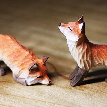 Fox Figurines Hand Carved Painted Wooden
