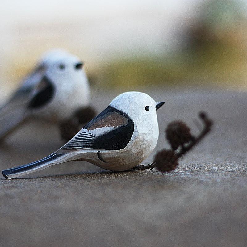 Aegithalidae Bird Figurines Hand Carved Painted Wooden