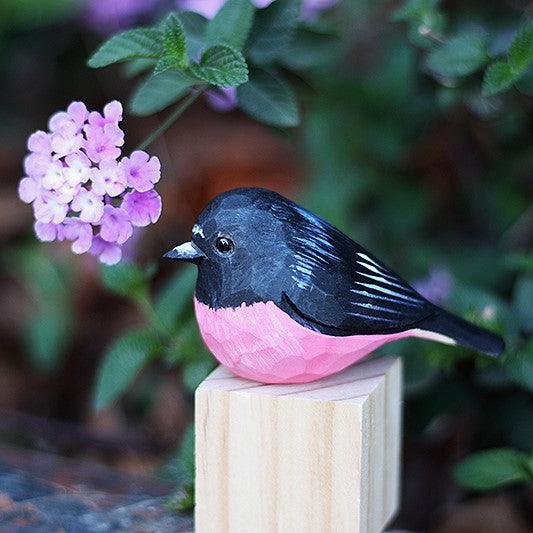 Pink Robin Bird Figurines Hand Carved Painted Wooden