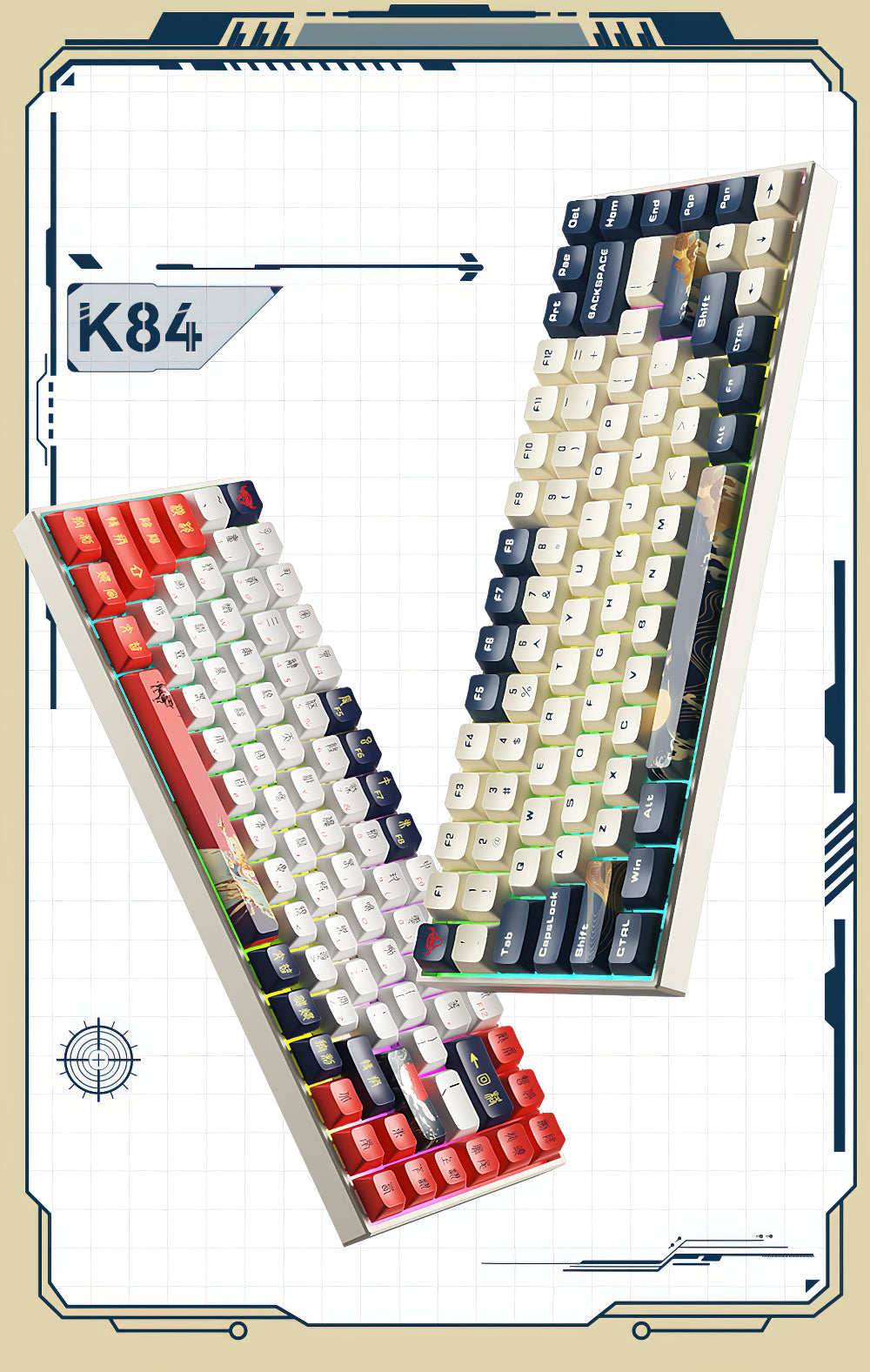 iBlancod K84 Hot-swappable Wireless 2.4G Bluetooth RGB Pbt 84 Keys Mechanical Gaming Keyboard