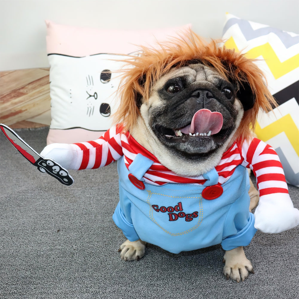 Peluca Deadly Doll Dog Pug Ropa Fiesta de Halloween Disfraz de Navidad para perro Cosplay Disfraz divertido