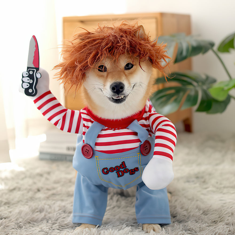 Peluca Deadly Doll Dog Pug Ropa Fiesta de Halloween Disfraz de Navidad para perro Cosplay Disfraz divertido